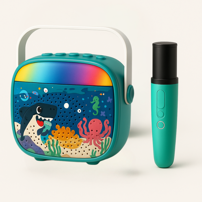 Resigilat - Set Karaoke Copii Ocean Ludiro cu Microfon Wireless, Bluetooth si Lumini Colorate Interactive, + 3 Ani