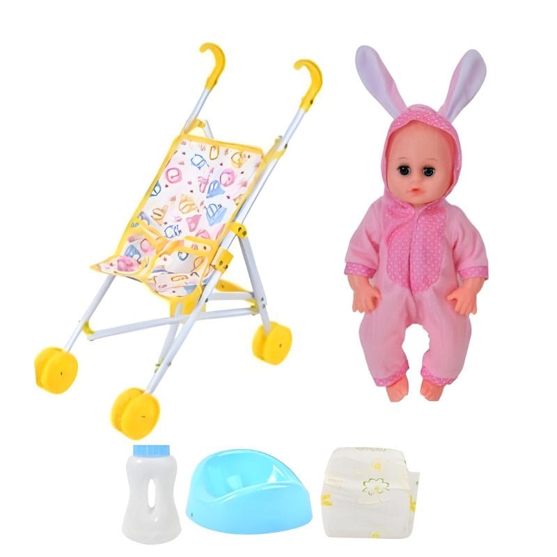 Set Papusa Bebelus Interactiva Multifunctionala Care Vorbeste, Carucior si Accesorii, 15 Sunete, Biberon, Olita, Scutec, Carucior Galben, 31x9x15 Cm, + 3 Ani, Utility One - LUDIRO