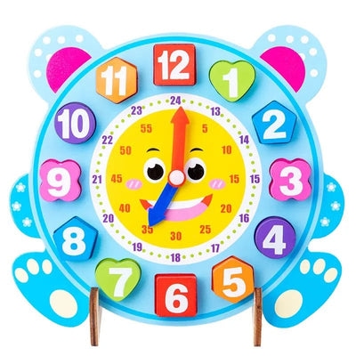 Ceas Educational din Lemn pentru Copii cu Design Dragut, Ursulet Albastru, Instrument Didactic Interactiv pentru Invatarea Orei, Dezvoltarea Abilitatilor Cognitive si Pregatirea Prescolara, 21.5x20 Cm - LUDIRO