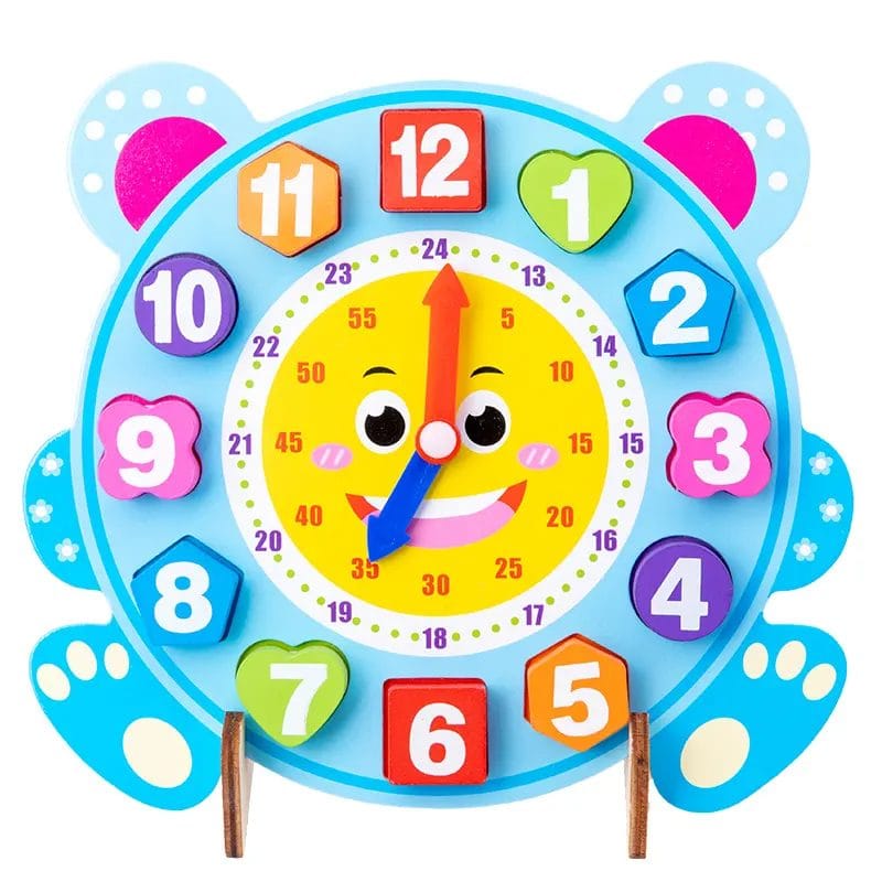 Ceas Educational din Lemn pentru Copii cu Design Dragut, Ursulet Albastru, Instrument Didactic Interactiv pentru Invatarea Orei, Dezvoltarea Abilitatilor Cognitive si Pregatirea Prescolara, 21.5x20 Cm - LUDIRO