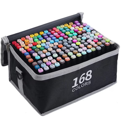 Set 168 Markere Profesionale, Culori Multicolore Vibrante cu Cerneala pe Baza de Alcool, Cu Doua Capete, Subtire si Gros, Ideal pentru Copii Creativi, Stimuleaza Imaginatia si Dezvoltarea Artistica, I - LUDIRO