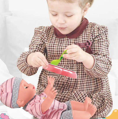 Set Papusa Bebelus Multifunctionala Care Vorbeste, Bea si Face Pipi, 12 Sunete, Olita, Suzeta, Farfurie si Tacamuri, Biberon, Papucei, 30 Cm, + 3 Ani - LUDIRO