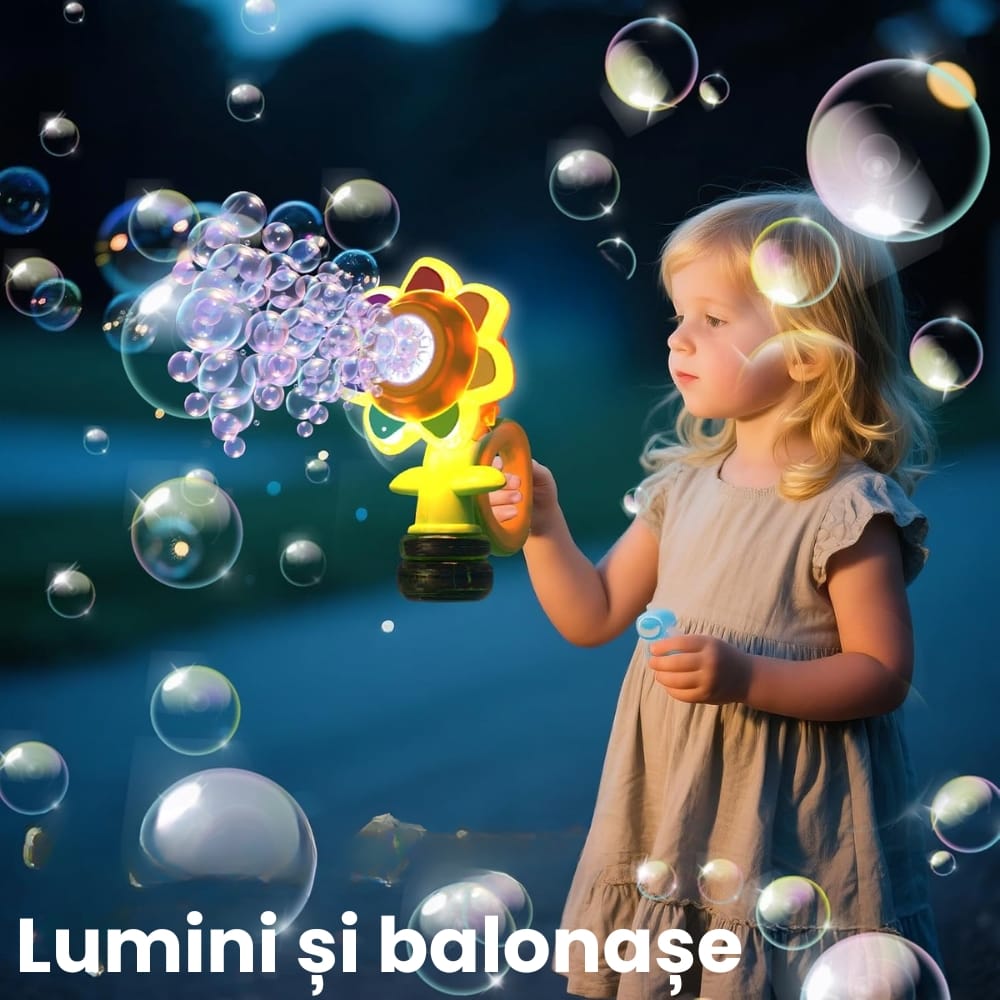Aparat de Făcut Baloane de Săpun Formă Floare, 3 Moduri, Lumini LED, Anti-Scurgere, Lichid Inclus, +3 Ani - LUDIRO
