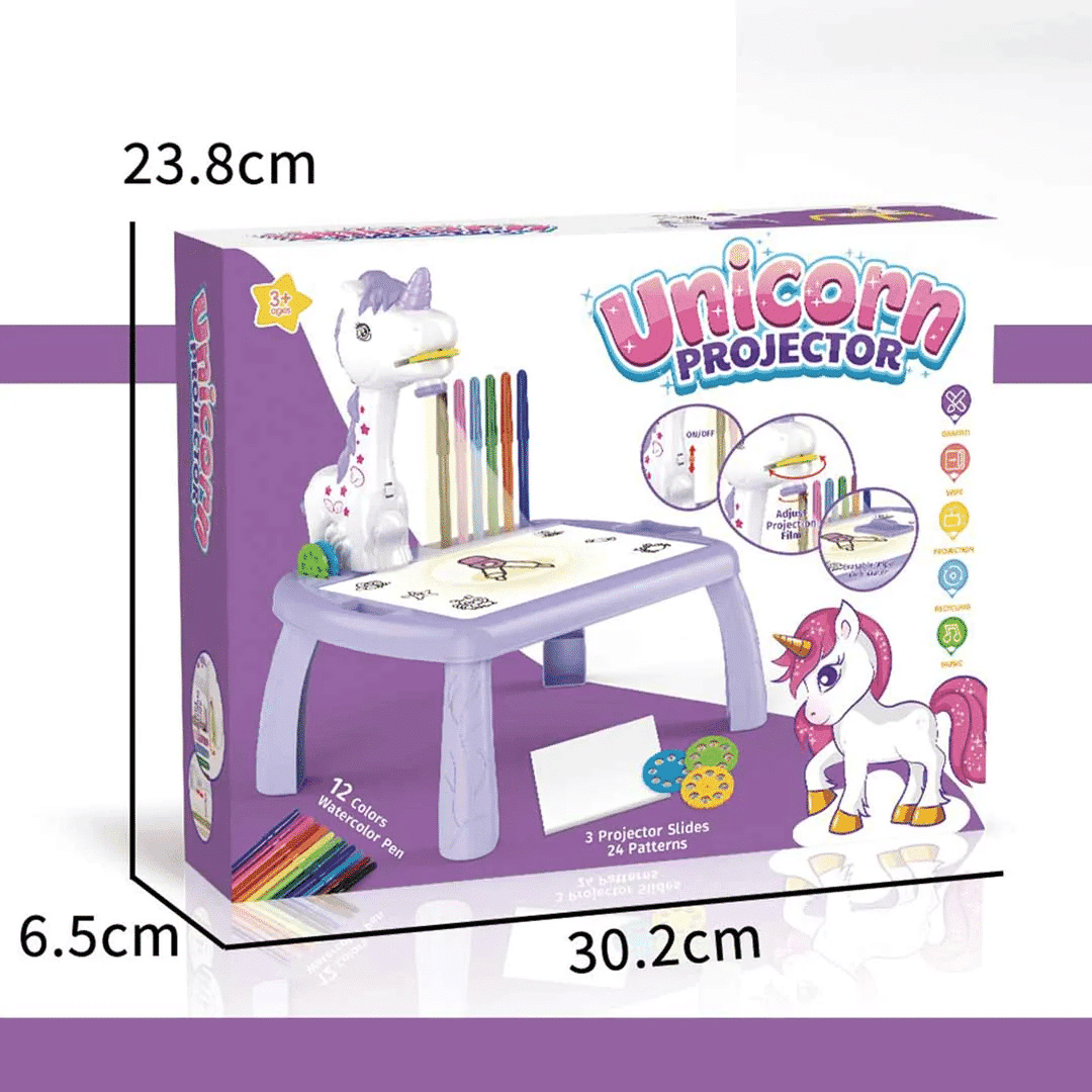 Set Masuta pentru Desen cu Proiector Holografic si Accesorii, 3 Discuri cu 24 Modele, Unicorn, 12 Carioci, Mov, 32x29.5x23 Cm, + 3 Ani - LUDIRO