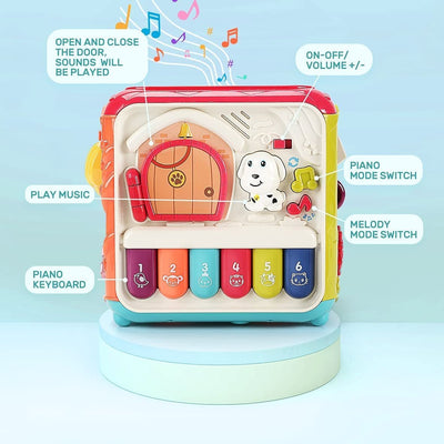 Jucarie Interactiva pentru Bebelusi, Cub Activitati 6 in 1, Muzica si Lumini, Multifunctional, 20x20x20 cm, + 3 Luni - LUDIRO