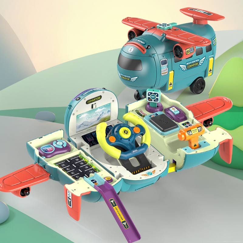Avion Transformabil Multifunctional, Simulator de Zbor si Condus, Sunete Realiste, 1 Masinuta, Pusculita, Albastru Rosu, 30x29.5x19.5 Cm, + 3 Ani - LUDIRO