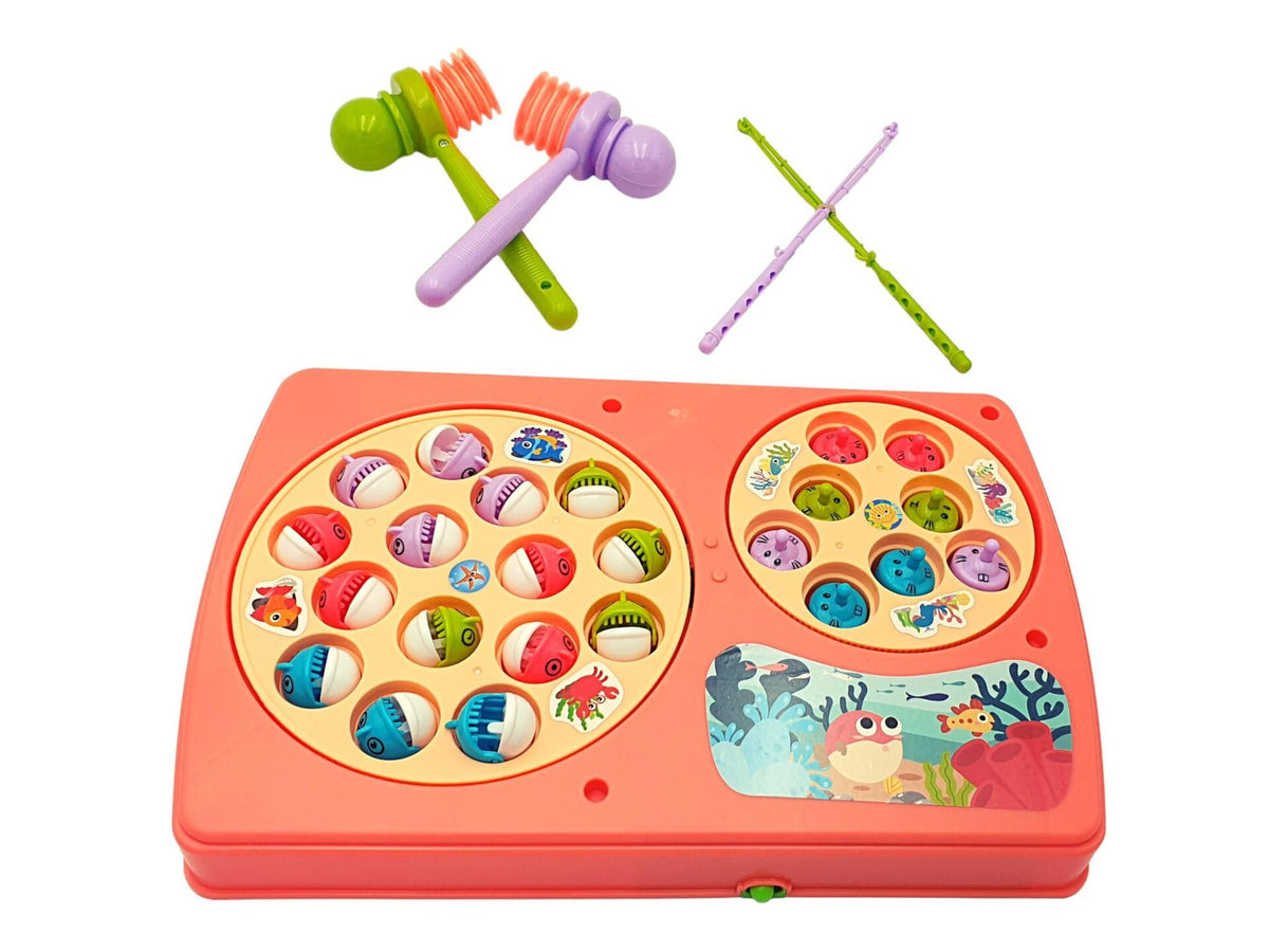 Resigilat - Set Interactiv 2 in 1, Joc Pescuit cu 15 Pestisori si 2 Undite, Joc Whack A Mole cu 8 Cartite si 2 Ciocanele, Cadru Rotativ, Sunete, 28x18x4 Cm, Roz, + 3 Ani - LUDIRO