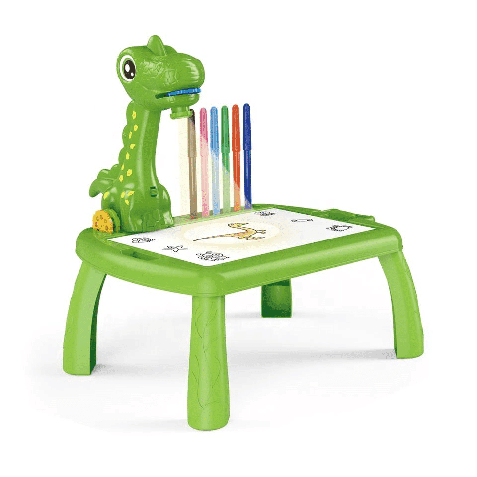 Set Masuta pentru Desen cu Proiector Holografic si Accesorii, 3 Discuri cu 24 Modele, Dinozaur, 12 Carioci, Verde, 32x29.5x23 Cm, + 3 Ani - LUDIRO