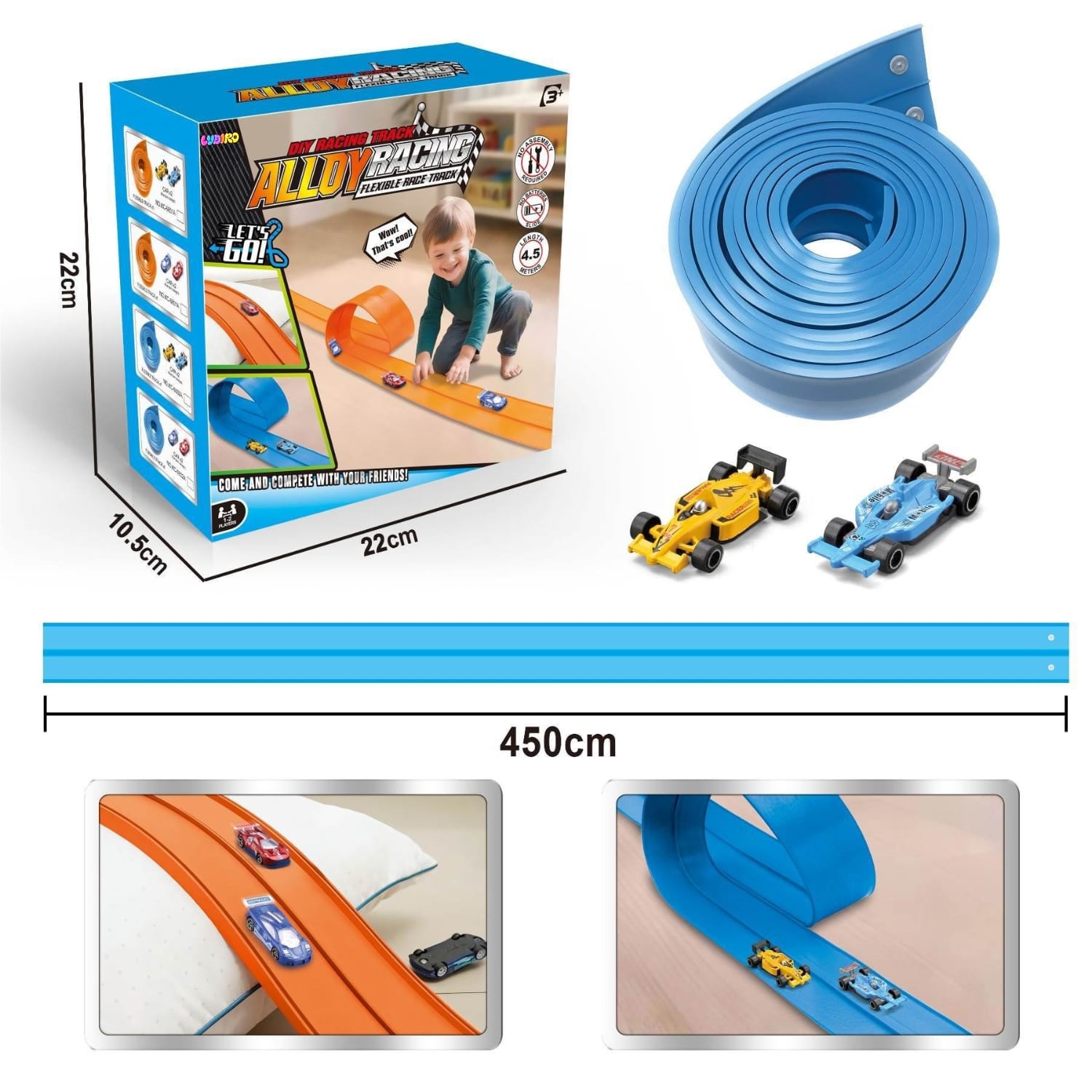 Pistă Auto Flexibilă Ludiro 4.5m, 2 Benzi, Prindere Ventuze, Compatibilă 1:64, Albastru - LUDIRO