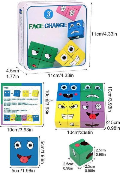 Set 16 Cuburi de Constructie din Lemn, 4 Jucatori, 64 Posibilitati cu Cartonase, Imita Expresii Faciale si Emotii, +3 Ani - LUDIRO