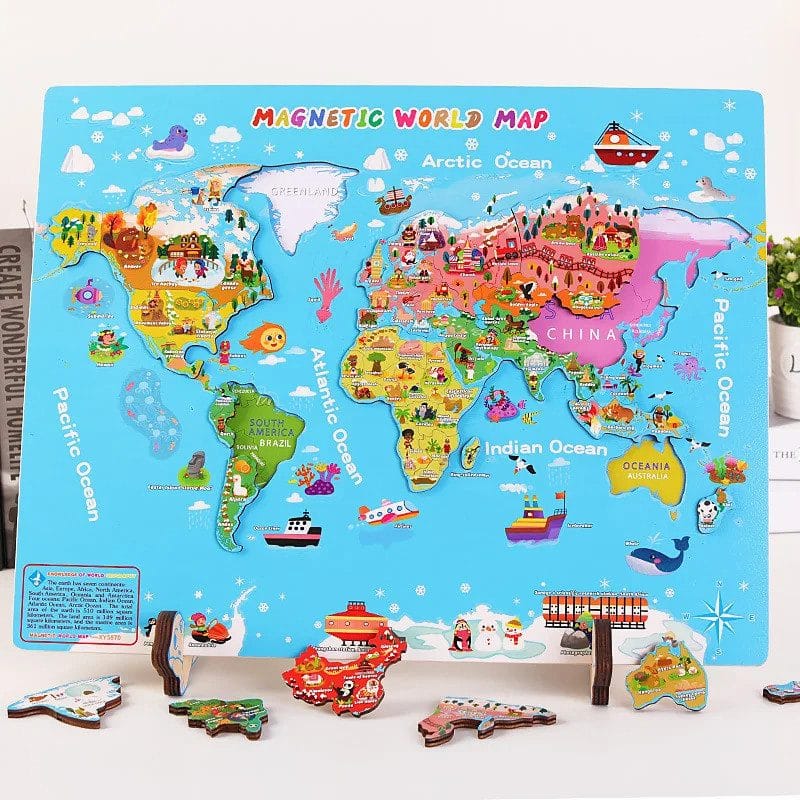 Puzzle Educativ Magnetic din Lemn, Harta Lumii, Invatare Interactiva pentru Copii peste 3 Ani, 143 Piese, 44.2x34.7 Cm - LUDIRO
