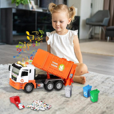 Camion de Gunoi Interactiv Pull Back cu Lumini si Sunete Realiste, Usi mobile, 4 Containere, Stimuleaza Imaginatia si Invata Despre Protectia Mediului, 31x16x10 Cm, Alb Portocaliu, +3 Ani - LUDIRO