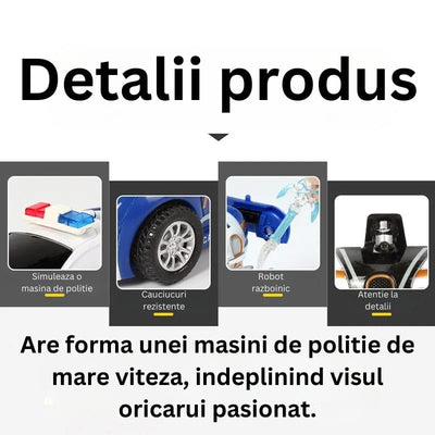 Masinuta de Politie Transformabila in Robot, Deplasare prin Inertie, Transformare la Impact, 12.5x5.5x4.5 Cm, Alb Albastru, + 3 Ani, Utility One - LUDIRO