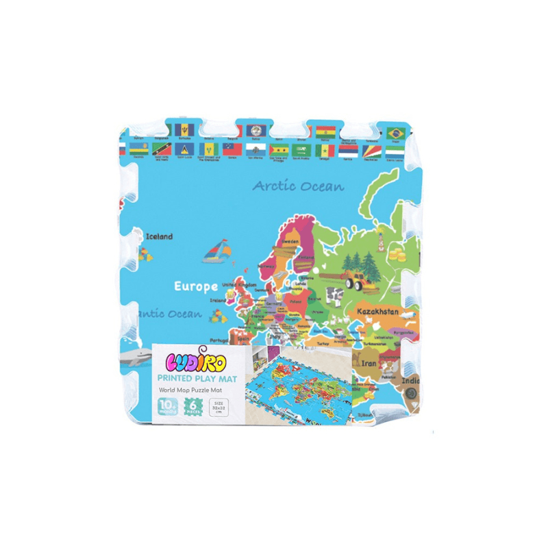 Covor Puzzle din Spuma EVA pentru Copii Ludiro, Set 6 Piese Educationale cu Harta Lumii, Sigur, Non-Toxic, Suprafata Totala 92x62 Cm, Joaca si Invatare - LUDIRO