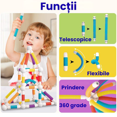 Set Construcție 3D Magnetic și Flexibil Ludiro, 66 Piese Telescopice, Jucărie STEM Educativă 3+ Ani - LUDIRO