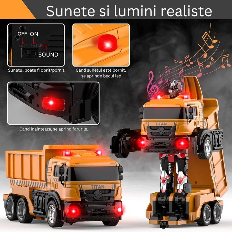 Camion Transformer 3 in 1, Functie Deformare, Buton Demo, Rotire 360 Grade, Sunete si Lumini Realiste, Acumulator Reincarcabil, Basculanta Functionala, 25x20x12 Cm, + 3 Ani, Utility One - LUDIRO