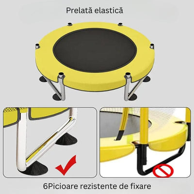 Trambulina pentru Copii LUDIRO, Diametru 140 Cm, Cu Plasa de Siguranta, Cos Baschet, Leagan Si Accesorii, Suporta 200 kg, Interior sau Exterior, Pentru Dezvoltarea Echilibrului, Galbena, + 3 Ani - LUDIRO