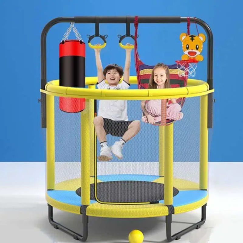 Trambulina pentru Copii LUDIRO, Diametru 140 Cm, Cu Plasa de Siguranta, Cos Baschet, Leagan Si Accesorii, Suporta 200 kg, Interior sau Exterior, Pentru Dezvoltarea Echilibrului, Galbena, + 3 Ani - LUDIRO