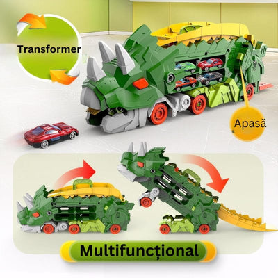 Set Multifunctional Dinozaur 2-in-1, Camion de Transport si Rampa de Lansare cu 2 Masinute, Distractie, Educatie si Dezvoltarea Creativitatii pentru Copii, + 3 Ani, Verde Portocaliu - LUDIRO