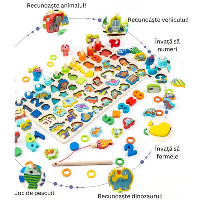 Jucarie Educativa Multifunctionala Montessori, Puzzle din Lemn cu Cifre, Forme, Animale, Dinozauri si Vehicule pentru Dezvoltarea Cognitiva, Ideal pentru Copii Prescolari, 40x22.5 Cm, + 3 Ani - LUDIRO