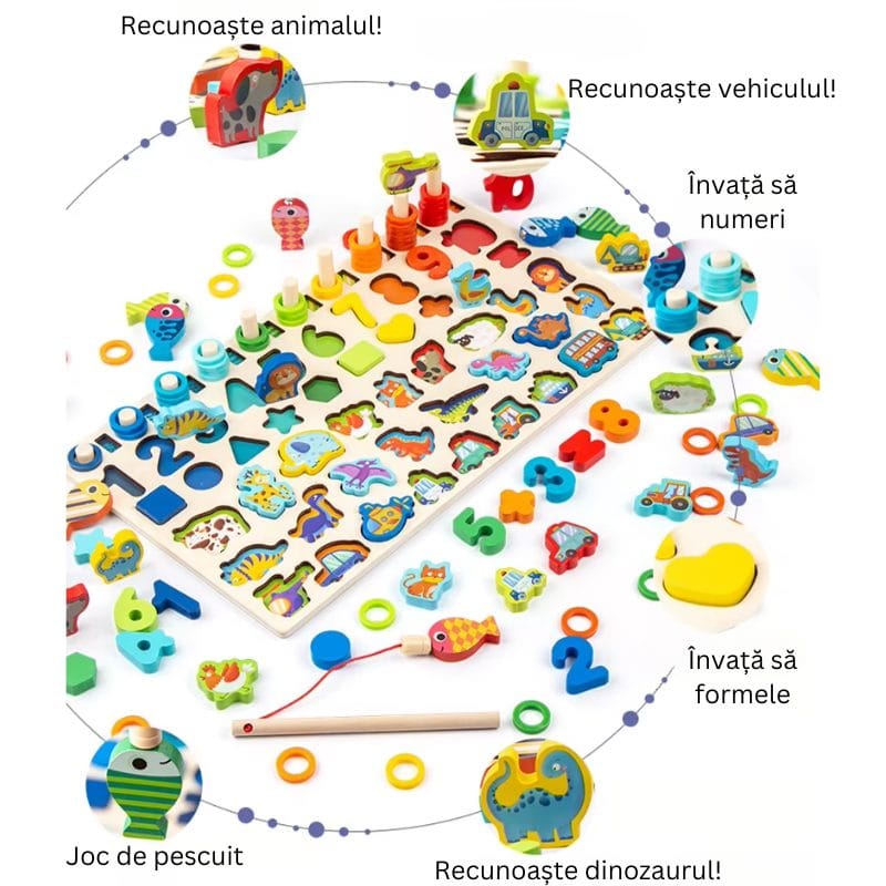 Jucarie Educativa Multifunctionala Montessori, Puzzle din Lemn cu Cifre, Forme, Animale, Dinozauri si Vehicule pentru Dezvoltarea Cognitiva, Ideal pentru Copii Prescolari, 40x22.5 Cm, + 3 Ani - LUDIRO