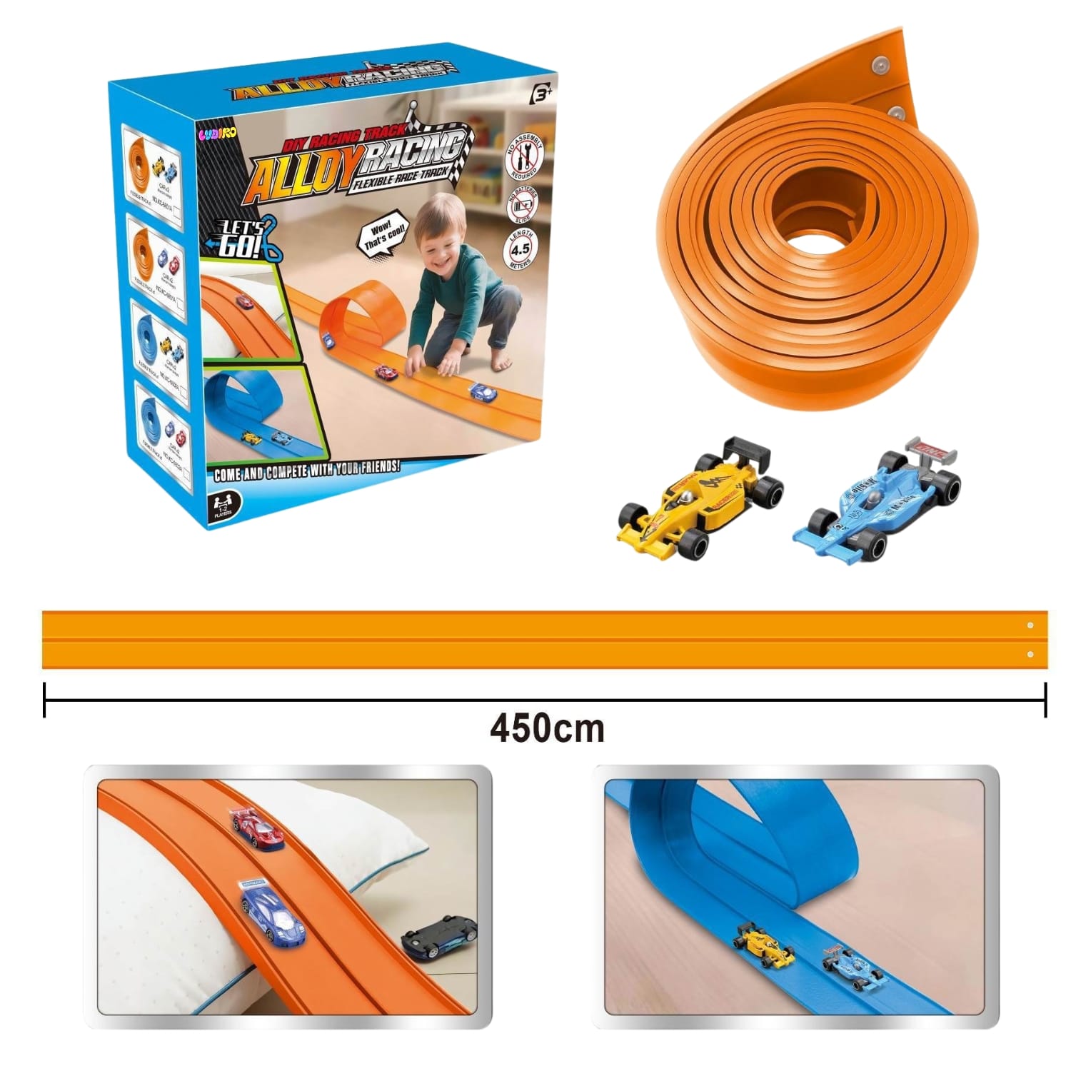 Pistă Auto Flexibilă Ludiro 4.5m, 2 Benzi, Prindere Ventuze, Compatibilă 1:64, Portocaliu - LUDIRO