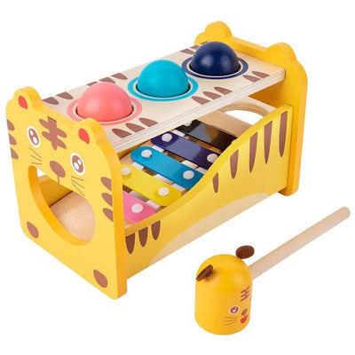 Joc Educational Multifunctional cu Xilofon, Ciocanel si Bile Multicolore, Model Tigrisor, Galben, 21x13.5x12.5 Cm, +3 Ani - LUDIRO