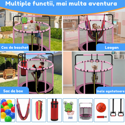 Resigilat - Trambulină pentru copii 8 în 1, Diametru 140 cm, cu plasă de siguranță, hamac, inele și coș de baschet, pentru interior și exterior, Certificare de Siguranta, Roz