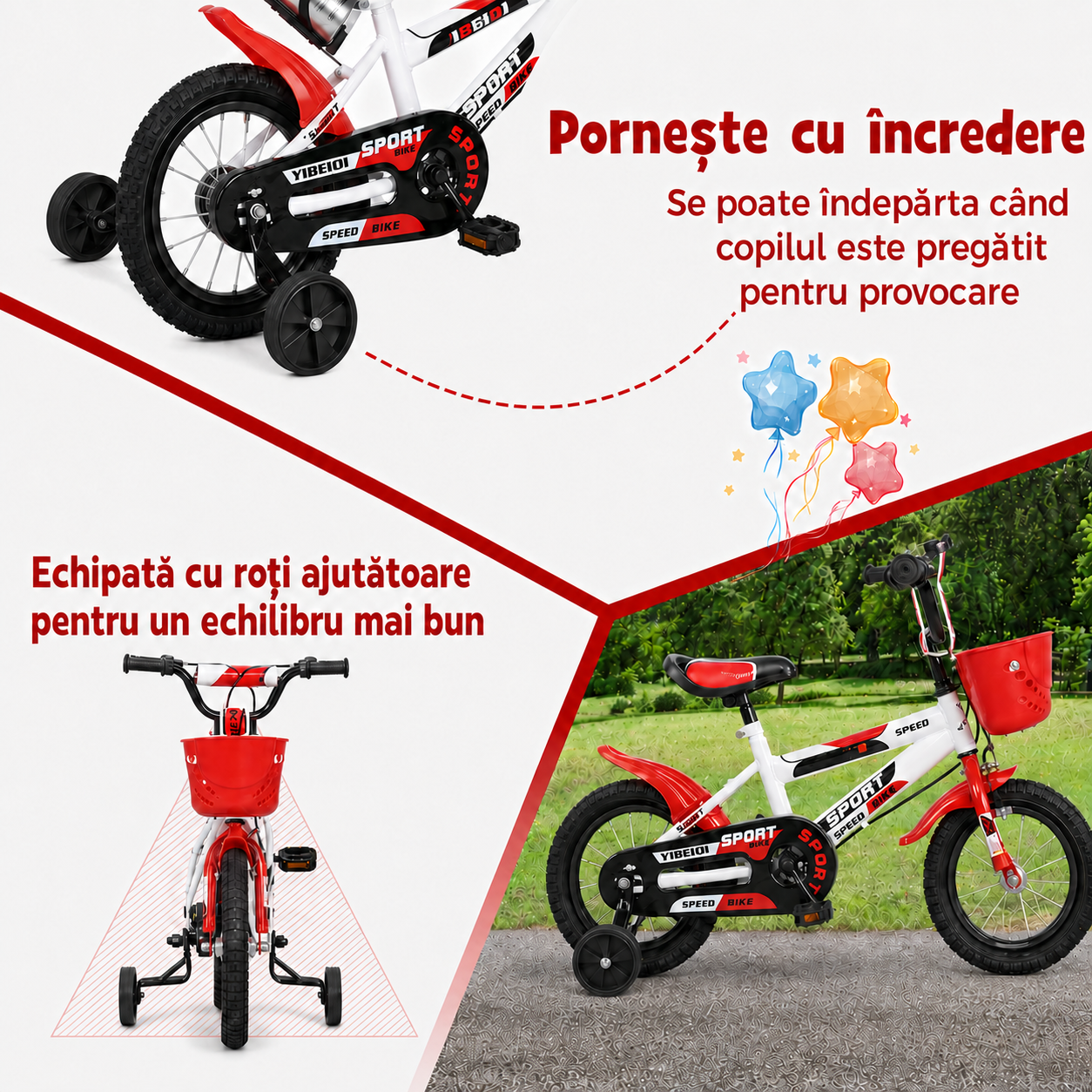 Bicicleta pentru copii 16 inch pentru 4–8 ani, alb rosu, cu roti ajutatoare, cos si bidon pentru apa - LUDIRO