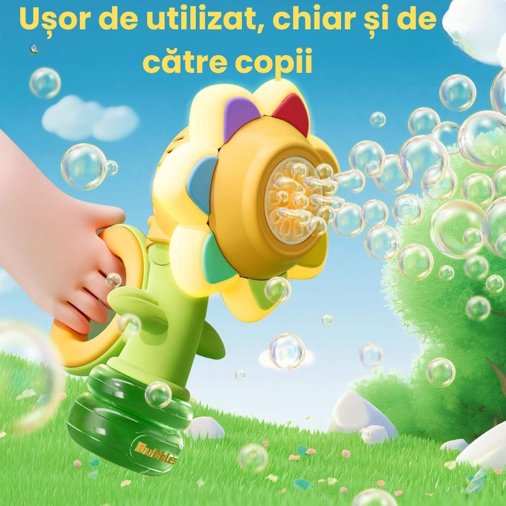 Aparat de Făcut Baloane de Săpun Formă Floare, 3 Moduri, Lumini LED, Anti-Scurgere, Lichid Inclus, +3 Ani - LUDIRO