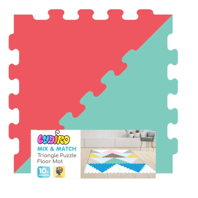 Covor Puzzle LUDIRO, Mix Match Triunghiuri, 16 piese 32x32 Cm, Antiderapant, 4 Culori Pastel - LUDIRO