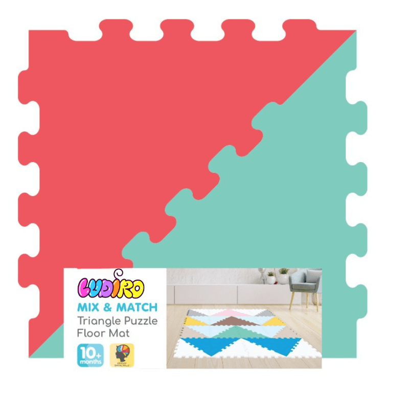 Covor Puzzle LUDIRO, Mix Match Triunghiuri, 16 piese 32x32 Cm, Antiderapant, 4 Culori Pastel - LUDIRO