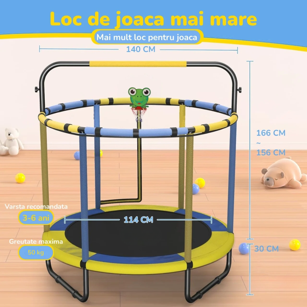 Resigilat - Trambulină pentru copii 8 în 1, Diametru 140 cm, cu plasă de siguranță, hamac, inele și coș de baschet, pentru interior și exterior, Certificare de Siguranta - LUDIRO