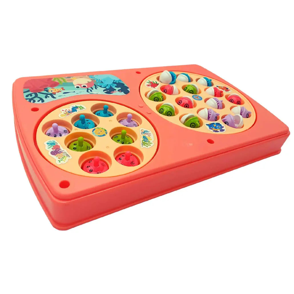 Set Interactiv 2 in 1, Joc Pescuit cu 15 Pestisori si 2 Undite, Joc Whack A Mole cu 8 Cartite si 2 Ciocanele, Cadru Rotativ, Sunete, 28x18x4 Cm, Roz, + 3 Ani - LUDIRO
