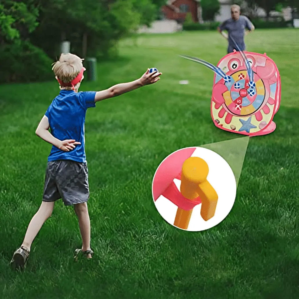 Joc Interactiv 3 în 1 pentru Copii – Țintă Darts cu Bile cu Scai, Pernuțe de Aruncat în Gaură, Bean Bags pentru X și 0, Pliabil cu Husă și Accesorii Fixare, 59x31.5x48.5 cm, Model Crab Roz - LUDIRO