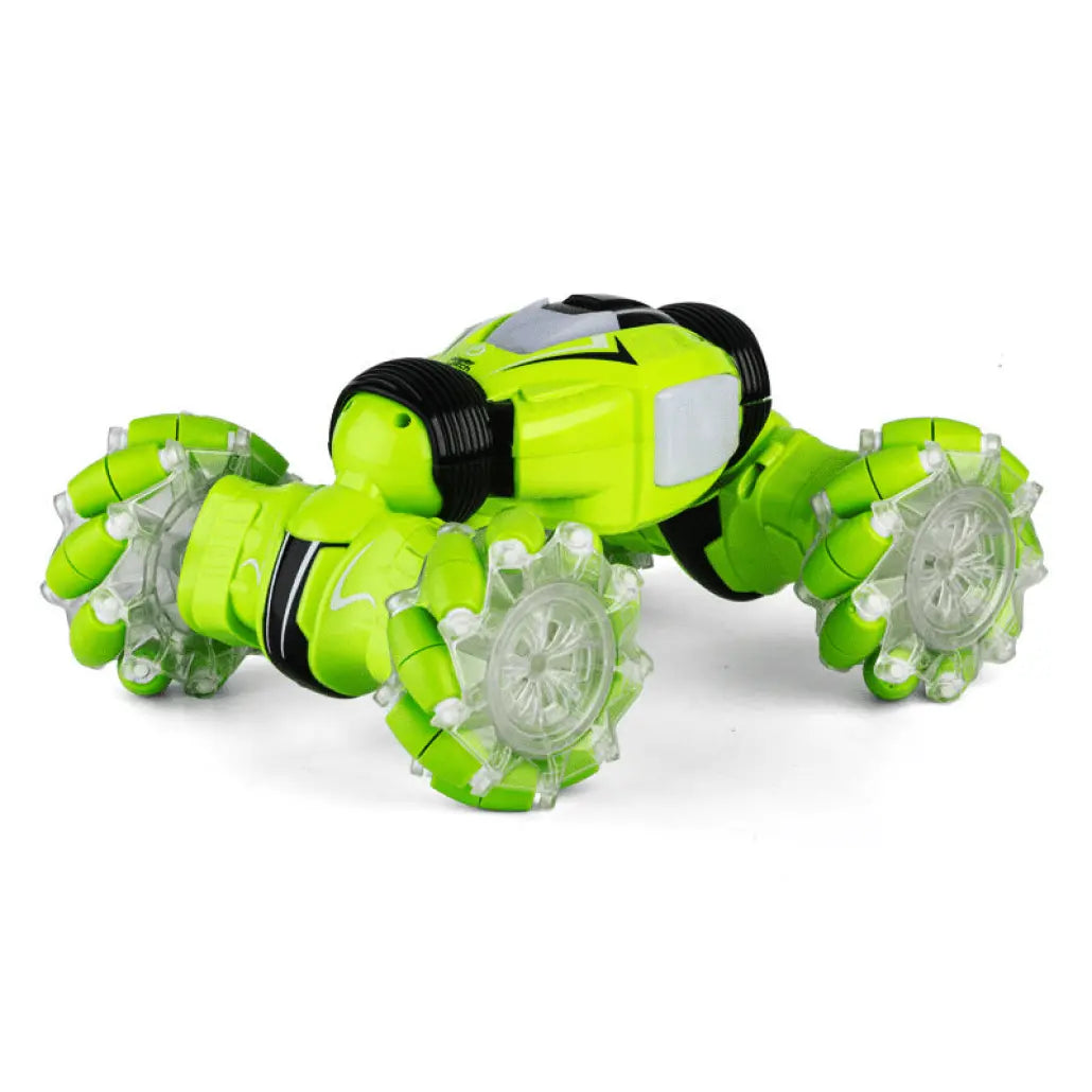 Masinuta de Cascadorii cu 2 Telecomenzi, Comanda Senzoriala prin Gesturi, 2.4 Ghz, Tractiune 4x4, Rotire 360 Grade, Lumini si Sunete Interactive, Flexibila, 1:12, Acumulator, Verde, 32x20x9 cm, + 6 An - LUDIRO