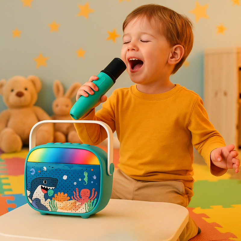 Resigilat - Set Karaoke Copii Ocean Ludiro cu Microfon Wireless, Bluetooth si Lumini Colorate Interactive, + 3 Ani