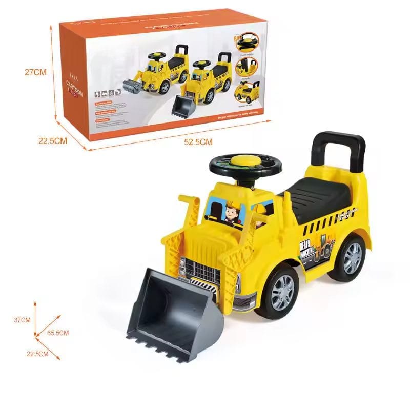 Buldozer Ride On pentru Copii, Cu Remorca, Volan si Claxon, Cupa de Carat Functionala, Scaun Confortabil, Sprijin pentru Spate, 65.5x37x22.5 Cm, +3 Ani, Galben Negru - LUDIRO
