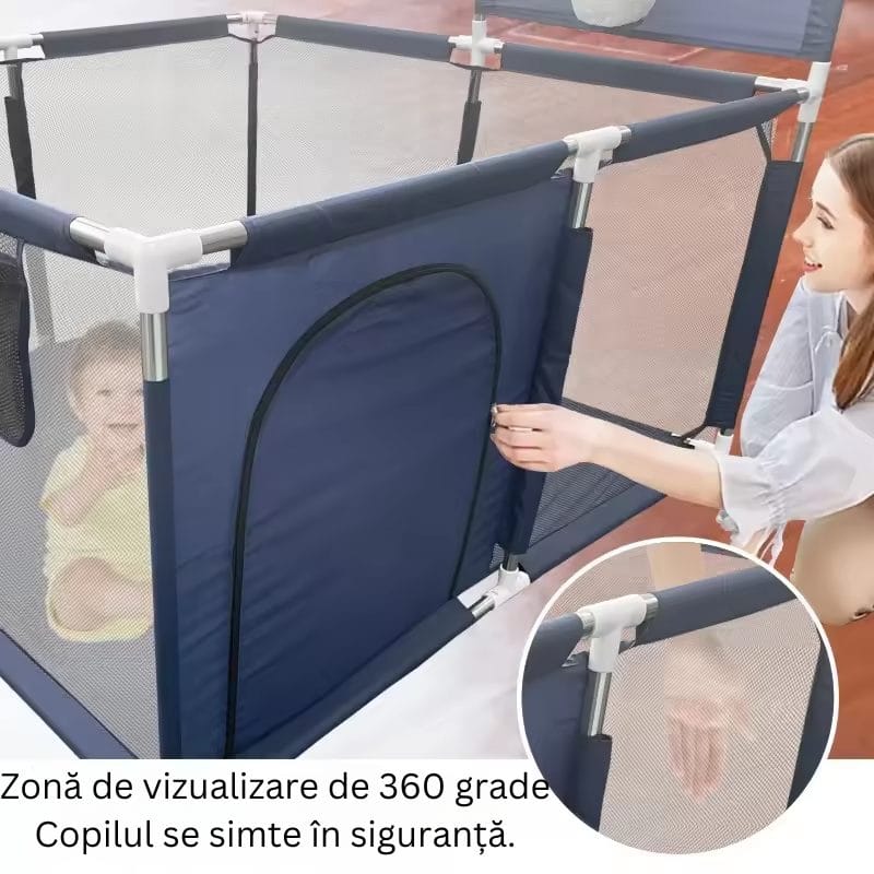 Țarc de copii XXL 235×129×66 Cm, Loc de Joacă Sigur cu Poartă si Coș, Acces Lateral cu Fermoar, Cadru din Oțel Inoxidabil, 1–6 Ani, Albastru - LUDIRO