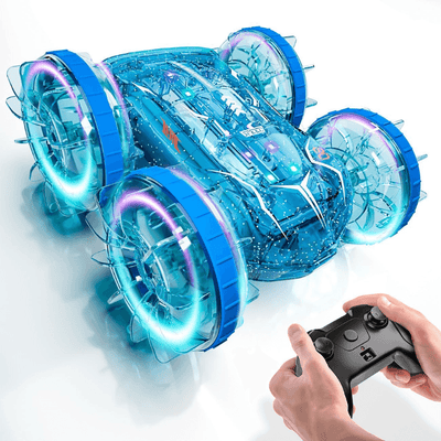 Masinuta RC Amfibie pentru Copii Ludiro, Rotire 360°, Lumini LED, Acumulator USB, Merge si pe Apa si Uscat, Albastru, + 5 Ani - LUDIRO
