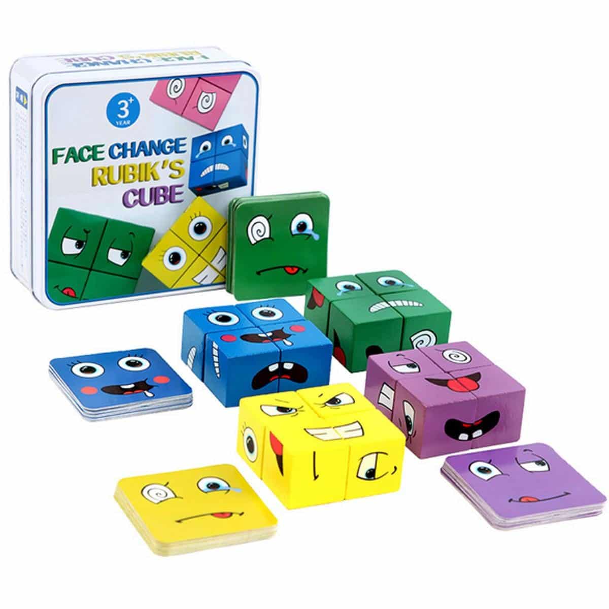 Set 16 Cuburi de Constructie din Lemn, 4 Jucatori, 64 Posibilitati cu Cartonase, Imita Expresii Faciale si Emotii, +3 Ani - LUDIRO