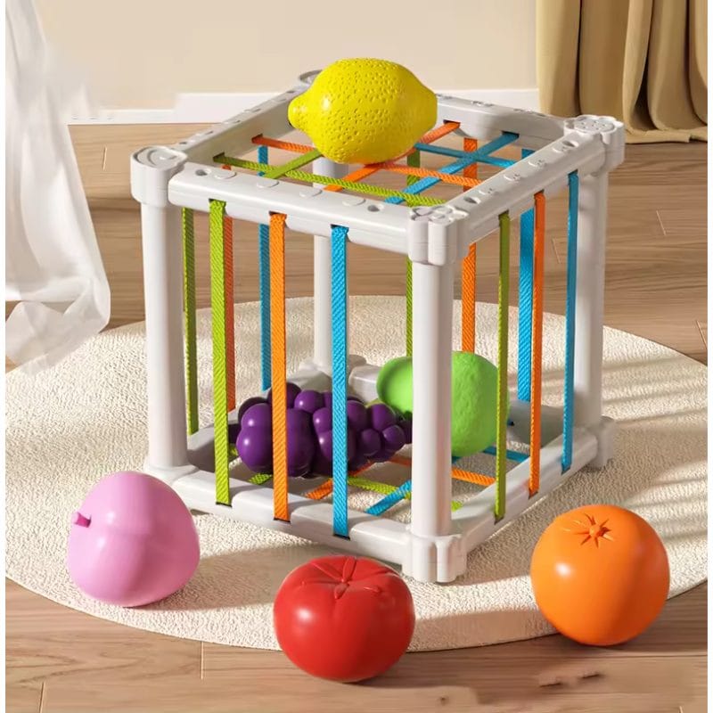Jucarie Educativa pentru Bebelusi, Cub Elastic cu Fructe, 6 Forme din Plastic Multicolor, Dezvoltare Abilitati Motorii si Cognitive pentru Copii Mici, 11.5x11.5x11.5 Cm, + 1 An - LUDIRO