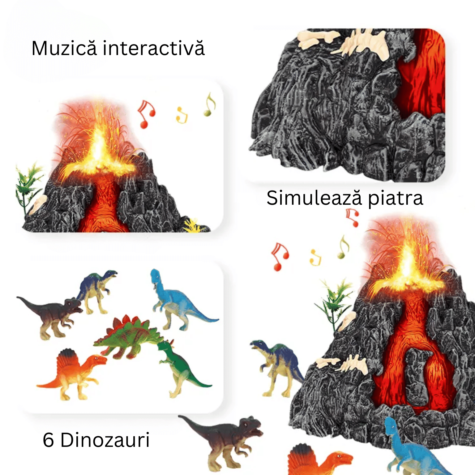 Set Interactiv Vulcan, 6 Dinozauri, Functie Eruptie cu Abur, Lumini Led, Sunete Realiste, Material Rezistent 18x17x11 Cm, +3 Ani - LUDIRO