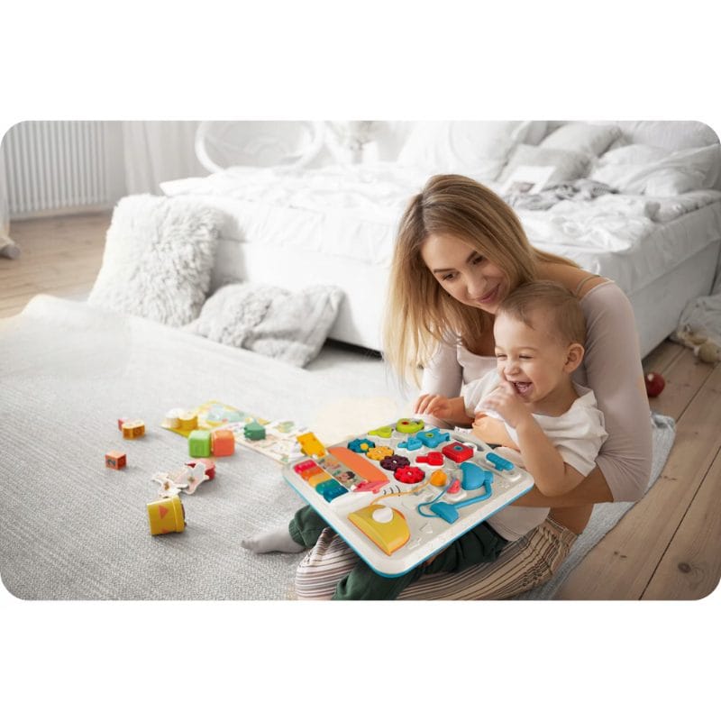 Masuta Educativa cu Activitati Montessori 2 in 1, Jucarie Muzicala, Lampa LED, Prajitor de Paine, Pian, Numere, Culori si Forme, Elemente Mobile, Volum Reglabil, + 1 An - LUDIRO