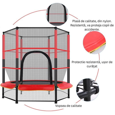 Trambulina pentru Copii LUDIRO, Diametru 140 Cm, Inaltime 160 Cm, Cu Plasa de Siguranta, Suporta 200 kg, Interior sau Exterior, Pentru Dezvoltarea Echilibrului, Rosie, + 3 Ani - LUDIRO