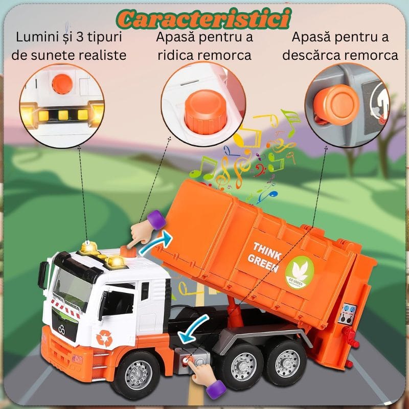 Camion de Gunoi Interactiv Pull Back cu Lumini si Sunete Realiste, Usi mobile, 4 Containere, Stimuleaza Imaginatia si Invata Despre Protectia Mediului, 31x16x10 Cm, Alb Portocaliu, +3 Ani - LUDIRO