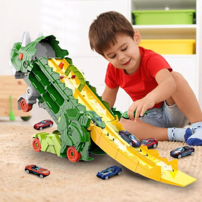 Set Multifunctional Dinozaur 2-in-1, Camion de Transport si Rampa de Lansare cu 2 Masinute, Distractie, Educatie si Dezvoltarea Creativitatii pentru Copii, + 3 Ani, Verde Portocaliu - LUDIRO
