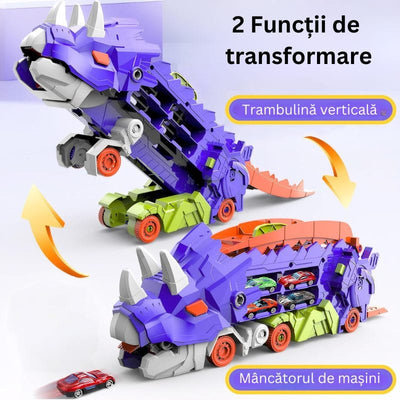 Set Multifunctional Dinozaur 2-in-1, Camion de Transport si Rampa de Lansare cu 2 Masinute, Distractie, Educatie si Dezvoltarea Creativitatii pentru Copii, + 3 Ani, Albastru Portocaliu - LUDIRO