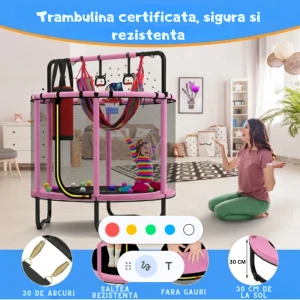 Trambulină pentru copii 8 în 1, Diametru 140 cm, cu plasă de siguranță, hamac, inele și coș de baschet, pentru interior și exterior, Certificare de Siguranta, Roz - LUDIRO