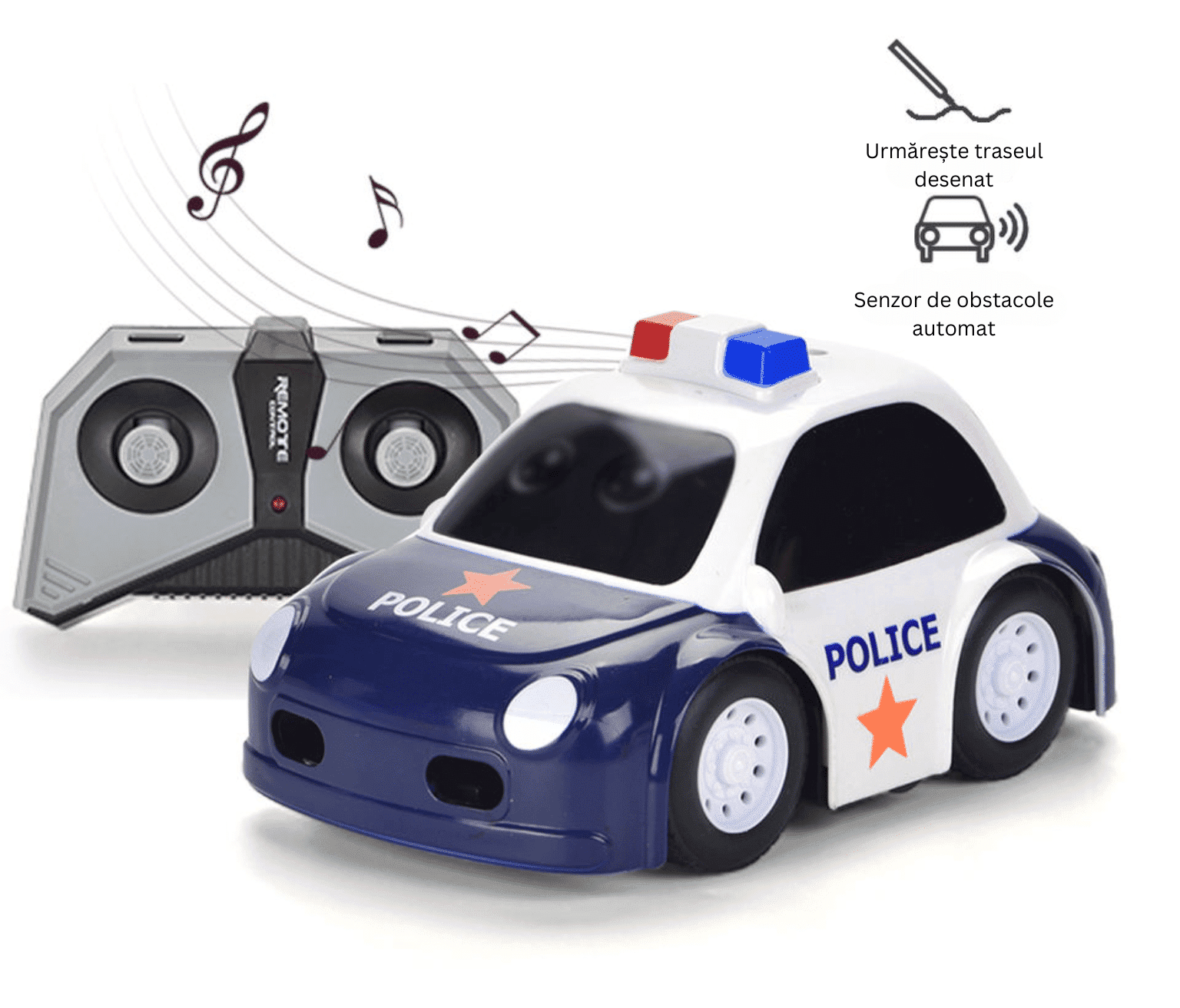 Masinuta de Politie cu Telecomanda, Functii Inteligente Multiple, Senzor de Urmarire Obiect, Traseu Prestabilit prin Desen, Muzica Interactiva, Acumulator cu Incarcare USB, 14x8.5x7 Cm, +3 Ani, Utilit - LUDIRO